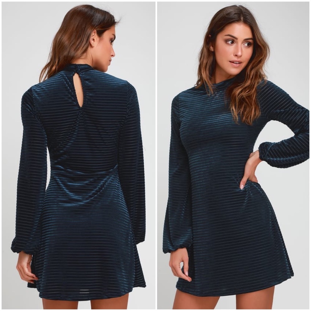 Lulus Navy Blue Striped Velvet Long Sleeve Dress - Picture 2 of 8